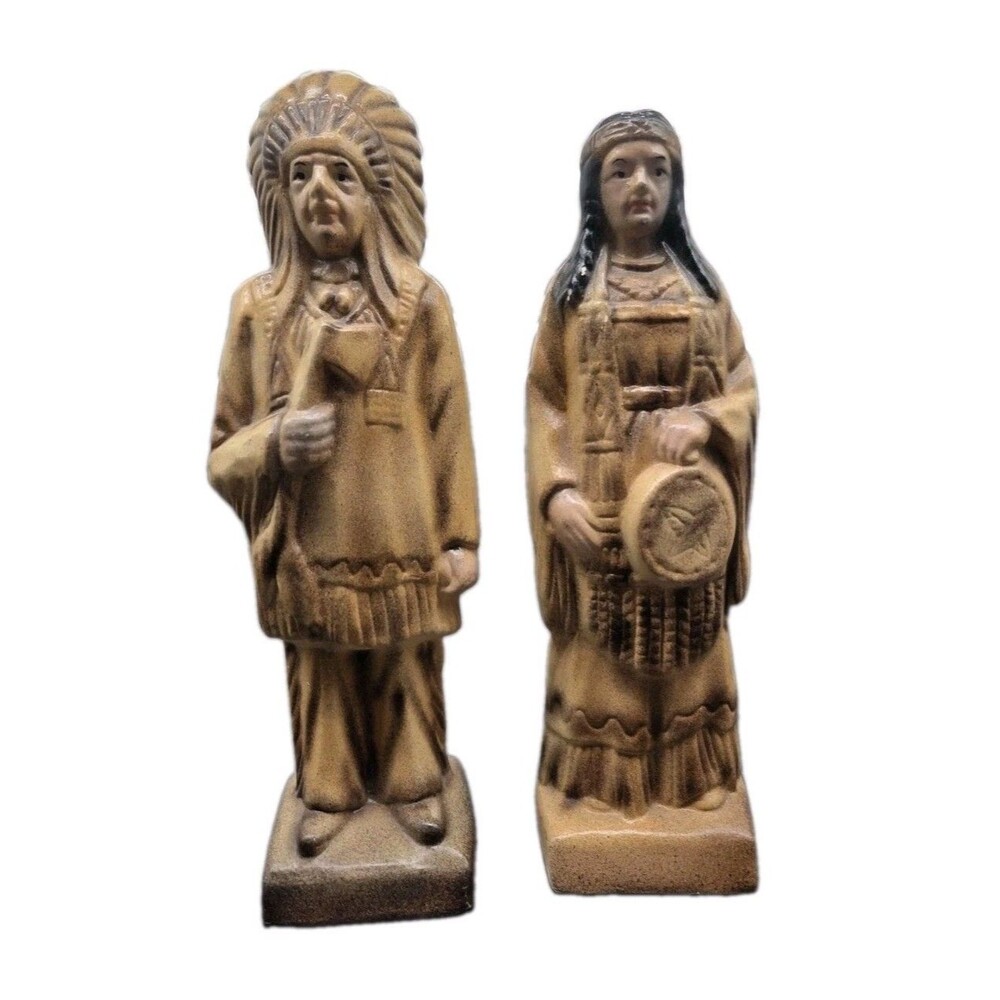 Vintage Set Of Native American Indian Ceramic Figurines Man Woman
